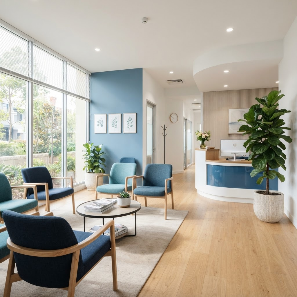 Modern, welcoming waiting room at Dr Yim Dental Surgery in Frankston